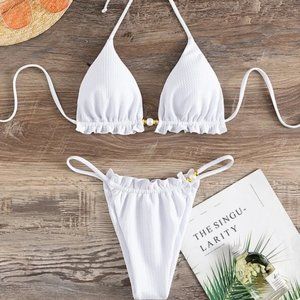 white bikini set with pearls